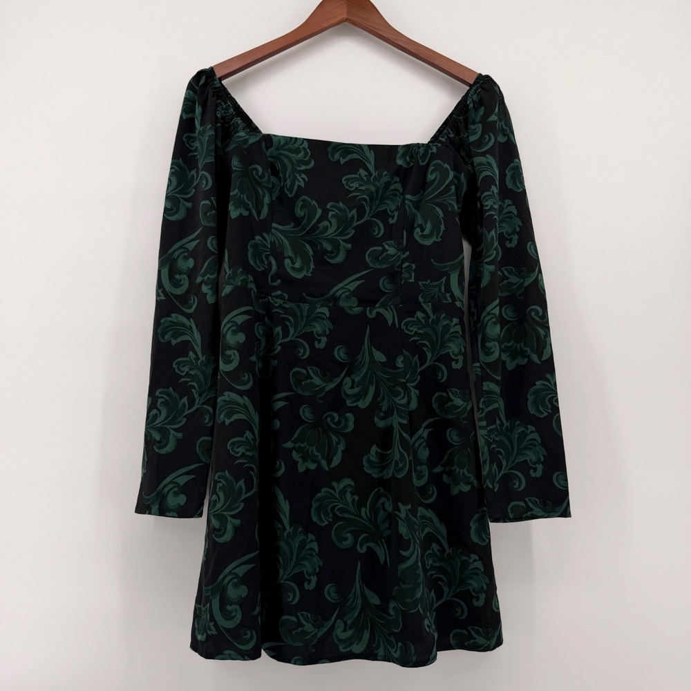 Abercrombie & Fitch Green Black Square Neck Long Sleeve Babydoll Mini Dress M